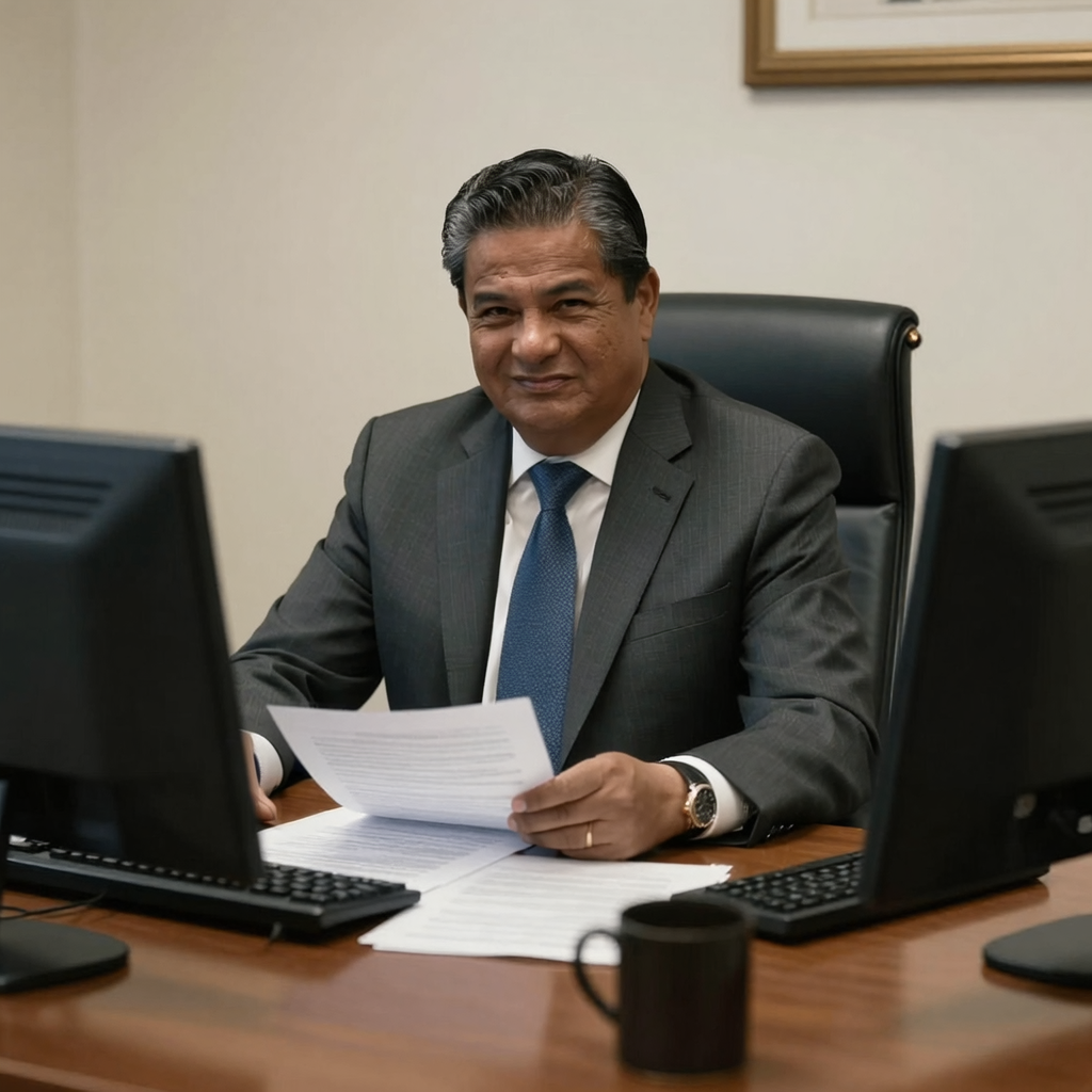 Abogado Angulo revisando documentos del caso